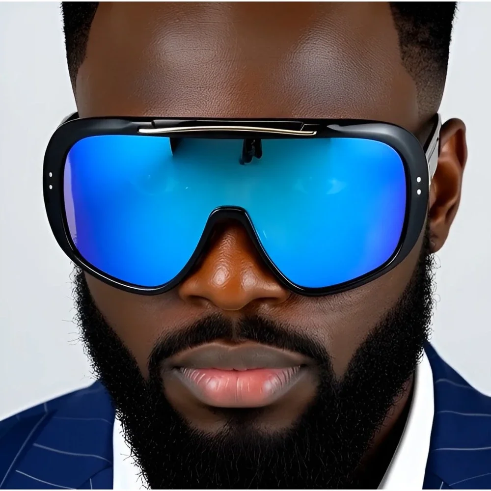 Men Sunglasses Oversized XL Fashion‎ Blue Mirror Lens Luxury Street Wear Lentes